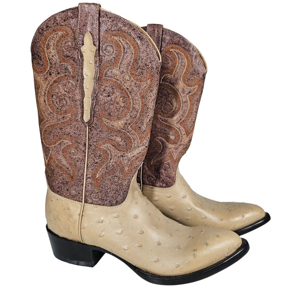 Vintage Sedona West Men's Genuine Ostrich Leather Western‎ Boots Tan Brown 7.5D